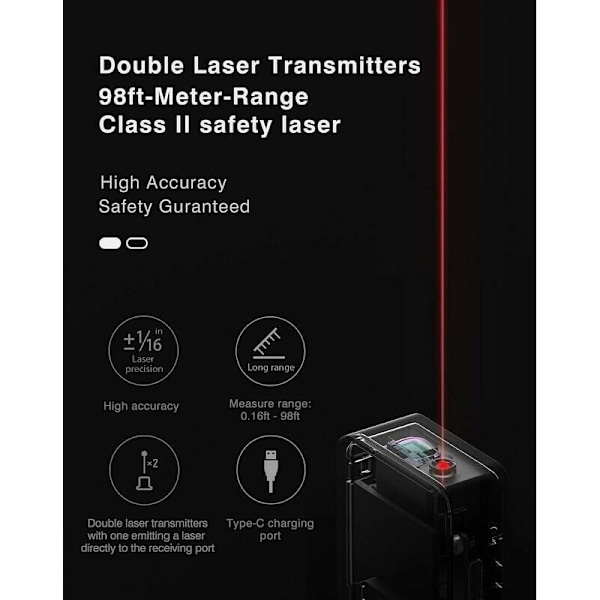 98 fot Laseravståndsmätare, Mini Bärbar Digital Laser, ±2mm Noggrannhet, Bluetooth, OLED-Skärm, Mätning av Längd