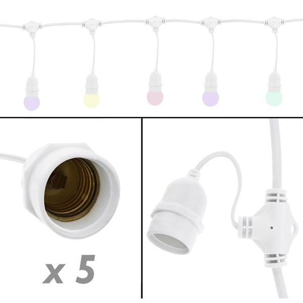 5-lamp utomhusgirlang med E27-sockel IP44 5m utdragbar vit strömkabel