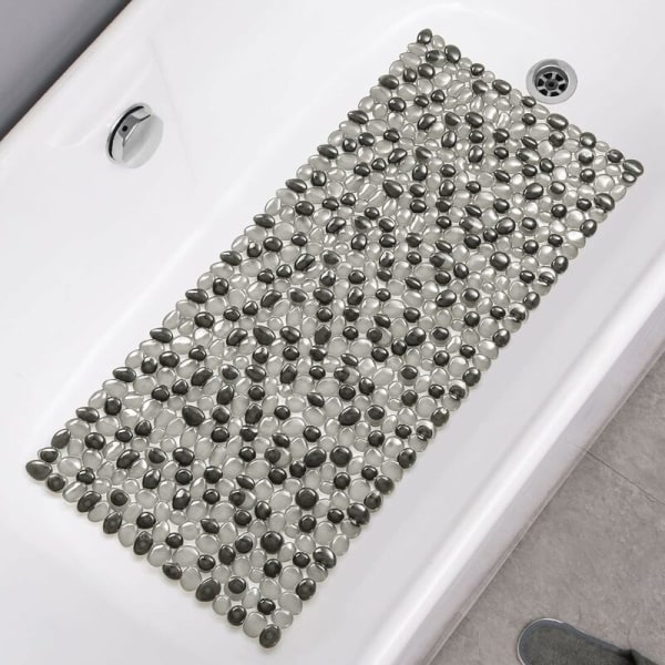 Pebble duschmatta, maskintvättbar halkfri badmatta 35x16 med 215 starka sugkoppar och avloppshål, håller golvet rent, badrum med svart