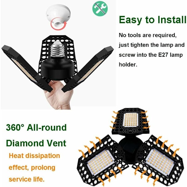 40W LED garasjelys, E27 deformerbart taklys med 3 justerbare paneler, superlys 3000LM kaldt hvitt, for garasjeverkstedlagerkjeller