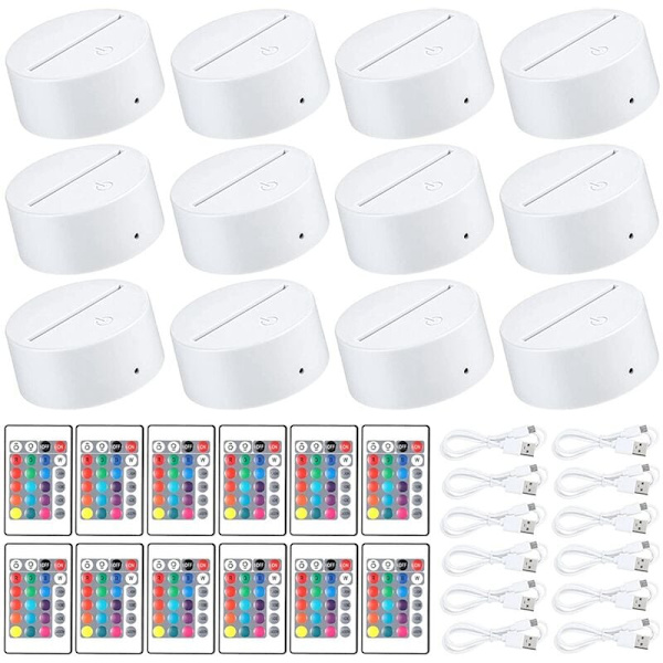 Pakke med 12 3D LED Natlampebaser + Fjernbetjening + USB-kabel, 16 Farver Lys Show Display Stativ til Akryl Hvid