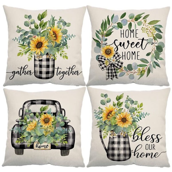 Summer Throw Pillow Covers 18X18 Set of 4 Buffalo Plaid Farmhouse Summer Decorations Cushion Covers for Home Sofa