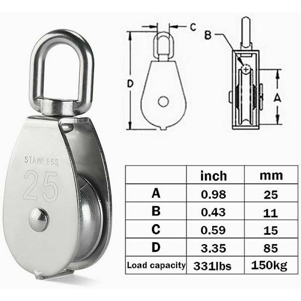 4 st M25 enkel remskiva block, 304 rostfritt stål remskiva rulle, kran vridbar krok slät vajer rep kabel lastning 331Lbs/150Kg