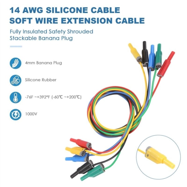 5 stk bananplugg silikon testledninger 4 mm fullstendig isolert sikkerhetsinnpakket bananplugg stabelbar myk forlengelseskabel