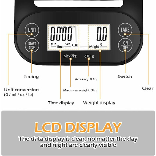 Digital kaffevåg, elektrisk köksvåg med LED-display Multifunktionell matkök precisionsvåg Pro 0,1g / 0,1 oz / 0,1 ML-