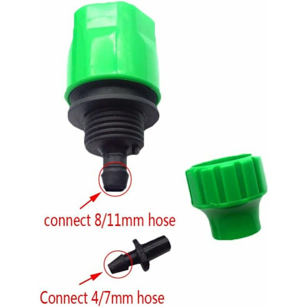 Mikrokasteluadapteri, muovinen puutarhaletkun pikaliitin 1/4\" piikillä, sopii 4/7mm ja 8/11mm letkulle.