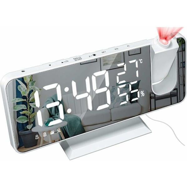 Radioprojektionsväckarklocka med LED-skärm, stor skärm, temperatur och luftfuktighet, elektronisk klocka för sovrum, kök, present - vit skal, digital vit