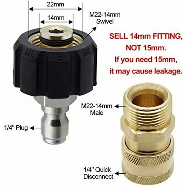 M22-14 trykkvaskeradaptersett, 3/8 hurtigkoblingssviveladaptere, hannkjønn høytrykksvannpistol, hageslangekoblingssett