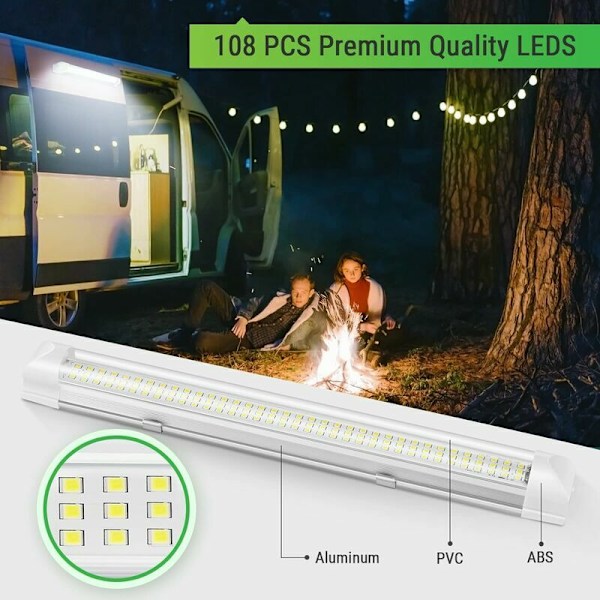 2 stk 12V LED Innvendig Lyslist Lyssterke Bil Lys 108LED med Av/På Bryter for Varebil Campingbil Lastebil Båt (2 stk)