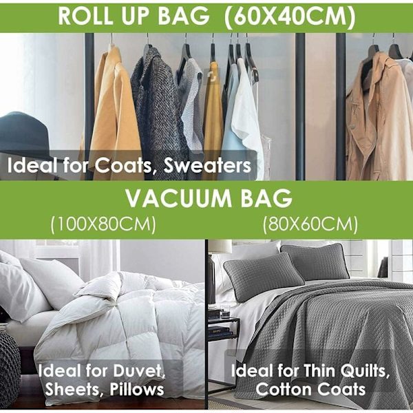 6 stk vakuum oppbevaringsposer 2L100x80+2M 80x60+2S 60x40cm(Håndrullet kompresjonspose) Reisevakuum oppbevaringsposer HIASDFLS
