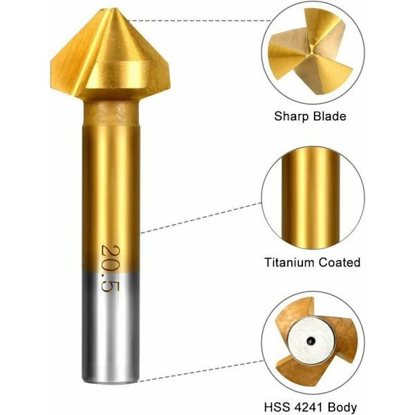 90° försänkningssats, Hss 4241 försänkningsfräsar med titanbeläggning för trä och mjuka metallfasningsfräsar 6 delar Innehåller 6,3–20,5 mm borr