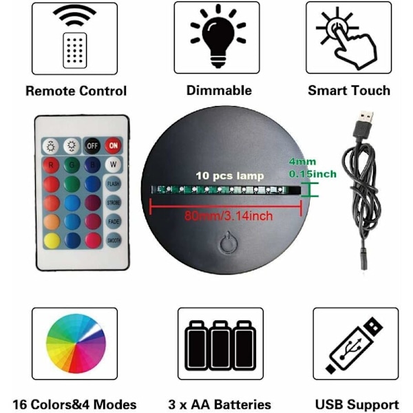 4x 3D Natt LED Lampa bas + Fjärrkontroll + USB-kabel Justerbar 7 Färger Dekorativa lampor (2x svart 2x vit)