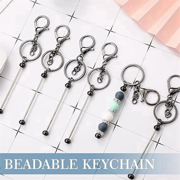 6 st Beadable Keychain Bars Blanks Bead Keychain Metall Beadad Keychain för DIY Hänge Smycken Tillverkning, Silver