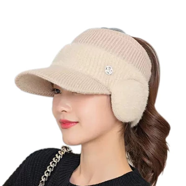 Vinterhørebeskyttelse kvinders strikket spidshue vintervarm med høreværn hestehale baseballkasket udendørssport vindtæt hat (beige)
