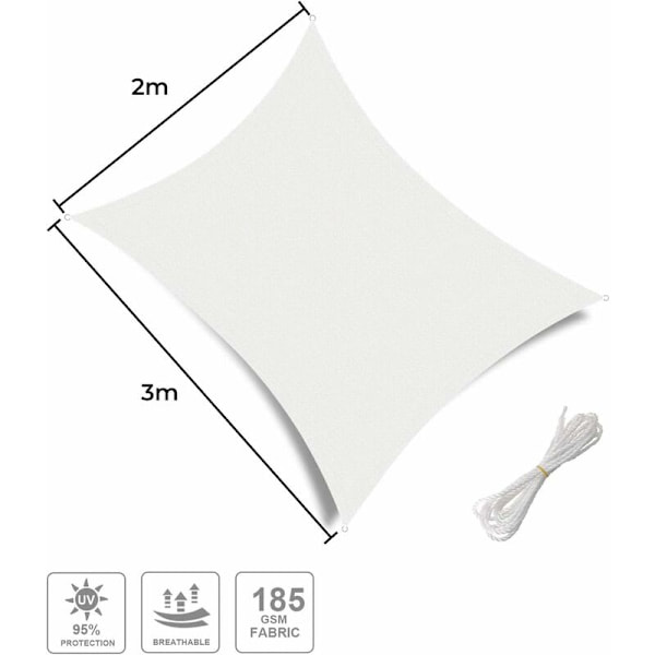 Skygge Sejl (HDPE, 180g/m²), Rektangulær 2x3m, Skygge Sejl Modstandsdygtig Overfor 98% UV-Stråler til Have Terrasse, Hvid 2x3