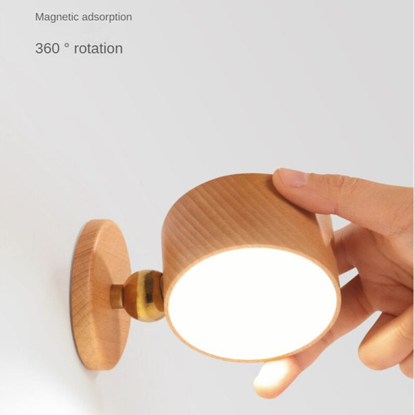 Ladattava LED-seinävalaisin Seinän vieressä oleva lamppu USB-portilla 360 asteen pyörivä magneettipallo Johdoton valo Sapele-puu
