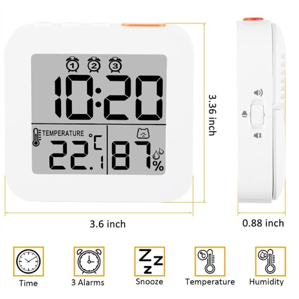 Digital väckarklocka, Luminous reseväckarklocka, Batteridriven skrivbordsmodell med temperatur, Bärbar vit