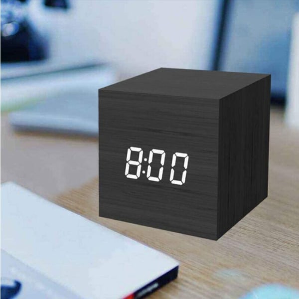 Digital väckarklocka, Mini Modern Cube skrivbordsväckarklocka med trä LED-ljus, visar tid och temperatur för barn, sovrum, hem, sovsalar, resor