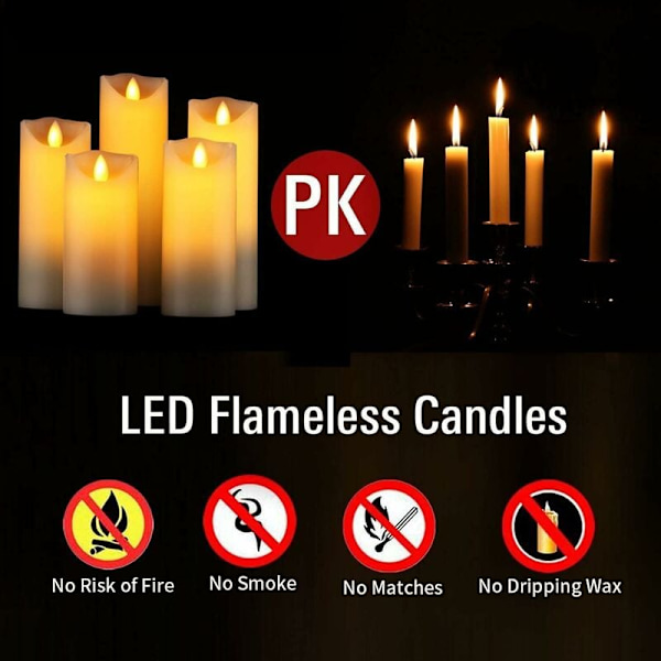 LED-ljus, Flammlösa Ljus. Set om 5 (10,12,15,17,19 cm, Elfenben), Tillverkade av Äkta Vax. Med Mycket Realistiska Flimmerande Flammer, Fjärrkontroll Med 10