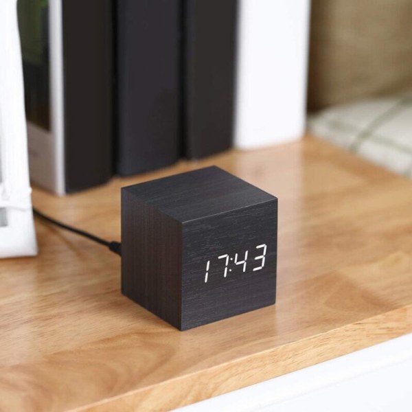 Digital väckarklocka, Mini Modern Cube skrivbordsväckarklocka med trä LED-ljus, visar tid och temperatur för barn, sovrum, hem, sovsalar, resor