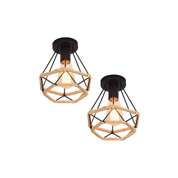 Sett med 2 Retro Industriell Vintage Metall Diamant Bur Taklampe med Hamptau Jern Lysekrone Hengelampe Armatur Svart