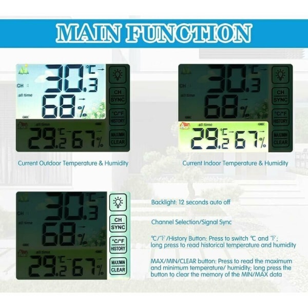 Trådløs vejrstation med udendørs sensor digitalt termometer og hygrometer indendørs udendørs justerbar baggrundsbelysning med stort LCD-display til hjemmet