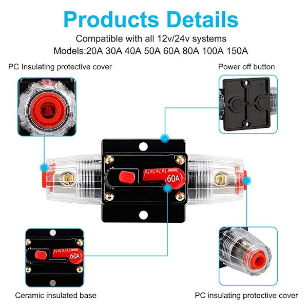 DC 12V-24V sikringsholder, lydkredsløbsafbryder, bilstereosikring, manuel nulstilling 60A