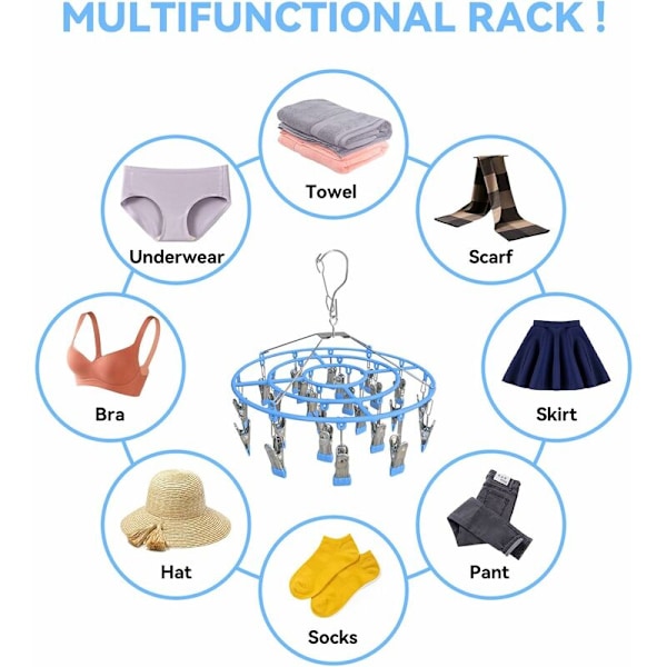 Torkställ i rostfritt stål med 24 klämmor, vindtät rund svängbar krok för torkning av handdukar, bh, strumpor, underkläder, babykläder (Bl