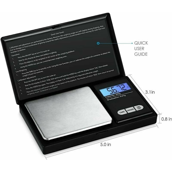 Præcisionsvægt 0,01g, 200g/0,01g, Lommevægt med LCD-skærm, Lille Smykkevægt, Køkkenvægt, Præcisionsvægt med Tara-funktion, Rustfrit