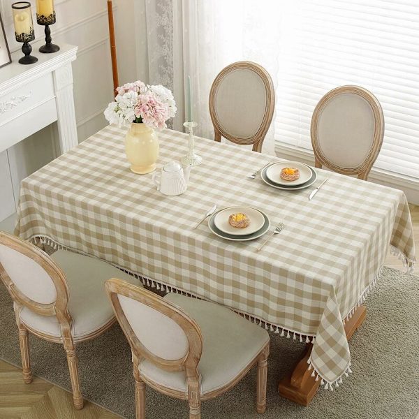 Rektangulær, vaskbar duk med dusker, bomull og lin, rutete, for piknik, kjøkken, spisestue, beige, 55*86 tommer (ca. 140*220 cm).
