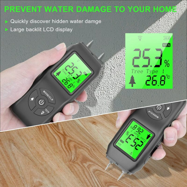 Digital fuktmätare, läckdetektor, fukttestare, stifttyp, bakgrundsbelyst LCD-display, träfukttestare