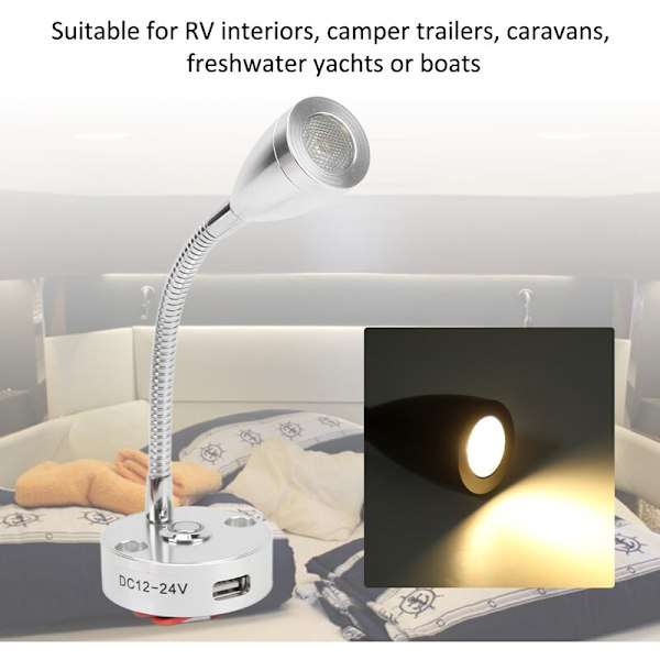 RV Läslampa Flexibel Hals 3 Färger Ljus 12-24V 3W USB Laddningsbar Universal för Yachter Båtar Silver