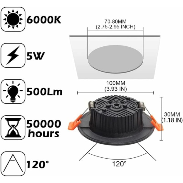 6-pack extra platta svarta LED-infällda spotlights IP44 LED-badrumsstrålkastare, 5W 500LM motsvarande 50W glödlampa, kallvitt 6000K, AC220-240V, R