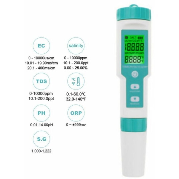 7 i 1 vanntestpenn for saltholdighet/PH/TDS/EC/ORP/SG-testing bærbar testpenn C-600