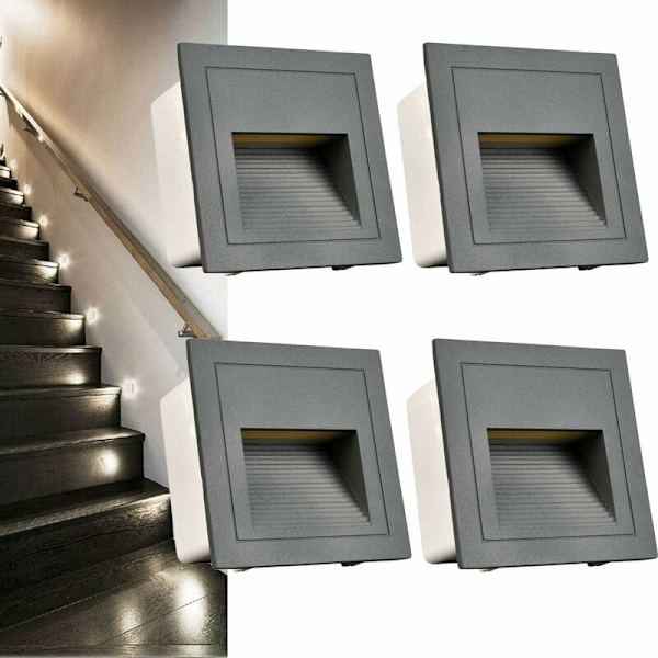 4 kpl LED-neliöuppoasennettavat seinävalot, kylmä valkoinen IP65 portaiden valot, askelvalot, alumiini, valaistus ja koristevalot harmaa kotelo