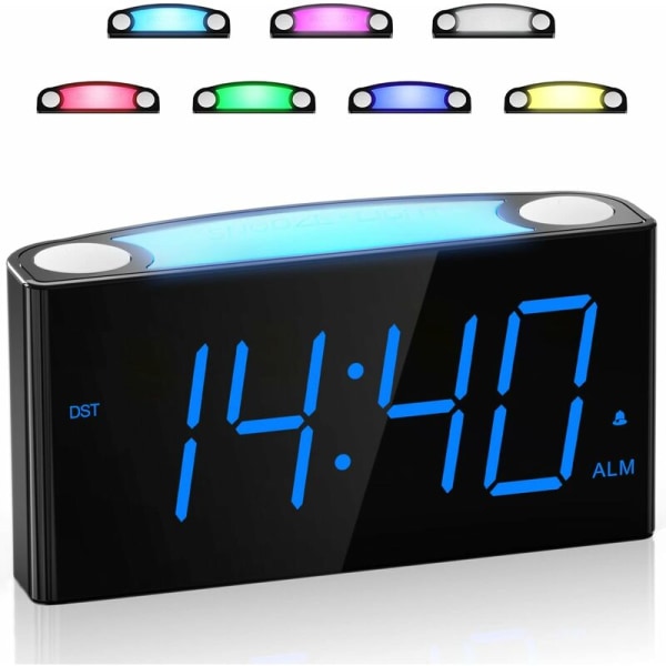 Digital väckarklocka, stor LED-skärm och justerbar ljusstyrka, 7 färgglada nattljus, högt alarm, batteribackup, 2 USB portar, snooze, enkel drift