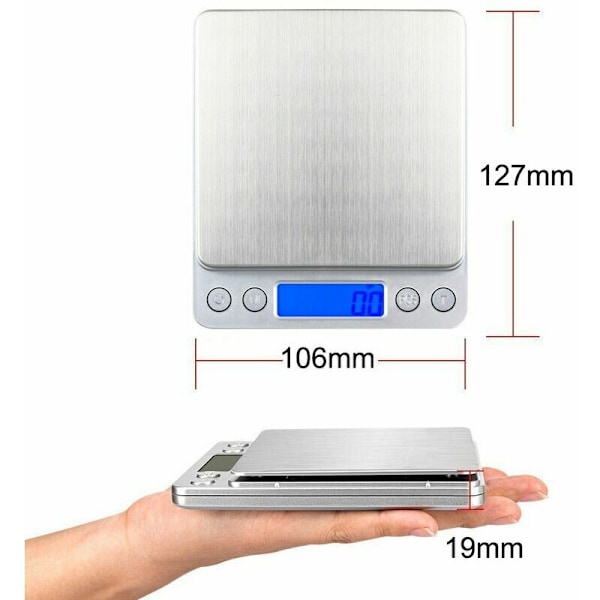Kjøkkenvekter, digitale kjøkkenvekter, elektroniske vekter, høy presisjon opptil 1 g (maksimal vekt 3 kg), tareringsfunksjon, rustfritt stål med stor L