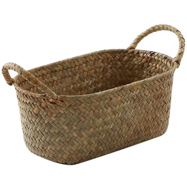 Handvävd förvaringskorg Halmbehållare för mat Rotting Makeup Organizer Träställ (S, 24X15X9Cm)