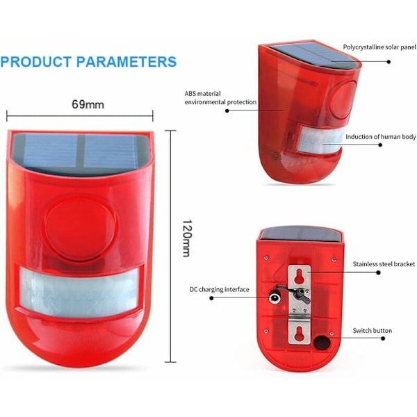 Solcellsdriven LED-larm med infraröd rörelsesensor, 110dB siren och blixtljus för hem, trädgård, carport, säkerhetssystem, 2-pack