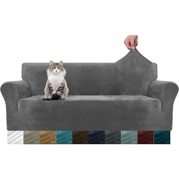 Super Stretchy Tykk Fløyel Sofa Deksel for Hunder Katt Kjæledyrvennlig 1-Stykke Elastisk Møbelbeskytter Plysj (3 Seater, Grå)