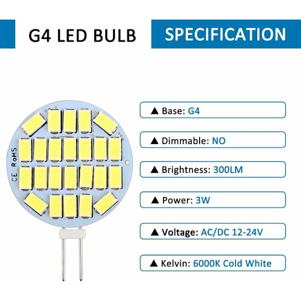 G4 LED-lampa 3W, AC/DC12-24V, 300LM Kalla vit 6000K, 24x5730 SMD, motsvarar 30W halogenlampa, ej dimbar, G4 rund LED-lampa för skåpsbelysning, Re