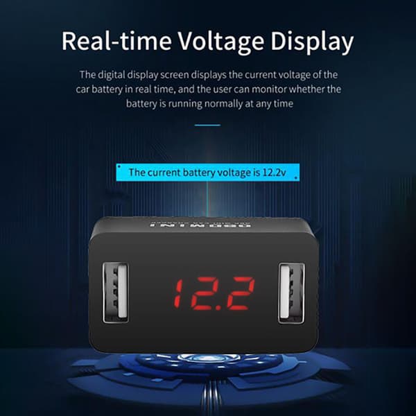Bil OBD Dual USB Lader Adapter Universal 12V 24V LED Spenningsdisplay Strømuttak