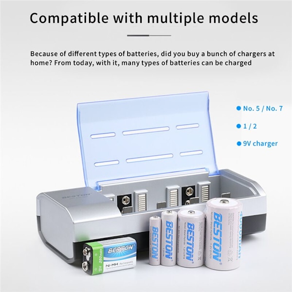 1/2/5/7/9V NiMH Batteriopladningsboks med 6 Slots LED Multi-lader til AA/AAA/C/D Type EU Stik