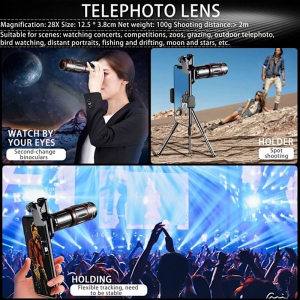 28X HD Mobiltelefon Kamera Linse Teleskop Zoom Makro Linse til Smartphone Fisheye Lente Para Celular
