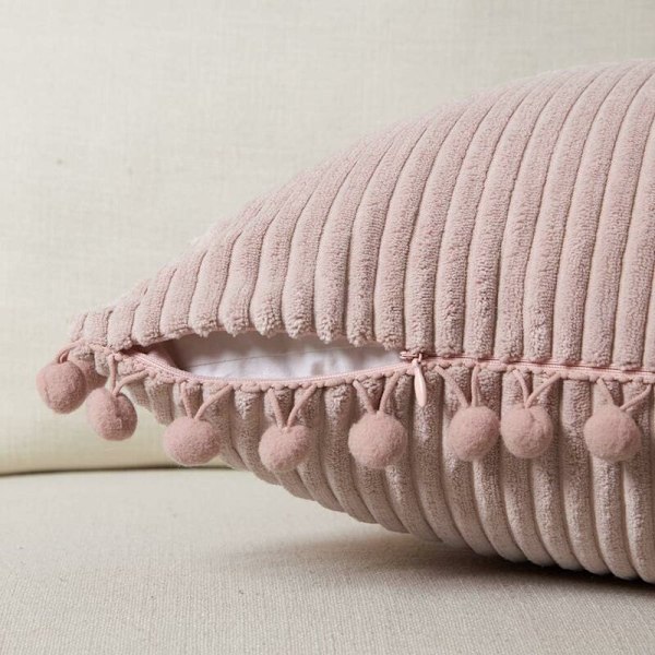 Pakke med 2 Dekorative Lændepuder Betræk med Pomponer, Blød Corduroy Solid Rektangulær Pudebetræk Sæt til Sofa Stue Soveværelse Bil