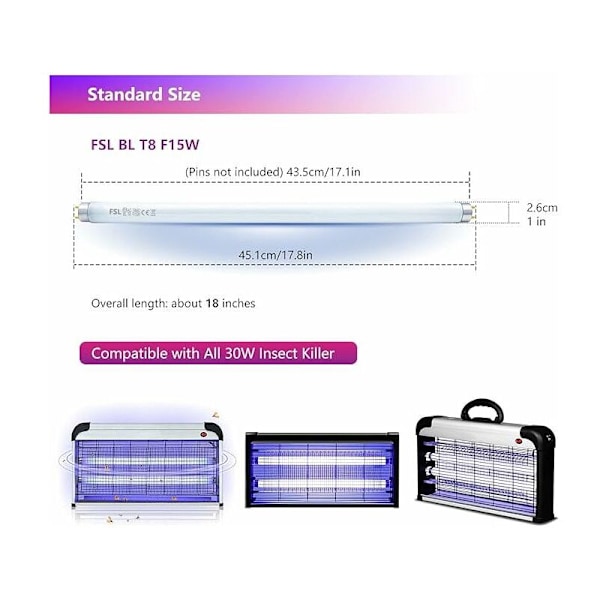 FSL T8 F15W BL Reservepære for Fluesnapper, 45cm UV-rør for 30W Myggdreper/Insektfelle (2 stk) - DENUOTOP