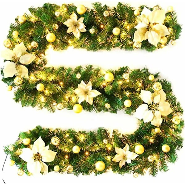 Julekrans med LED-lys, Belysning for Peis, Kunstig Juledekorasjon 2,7m