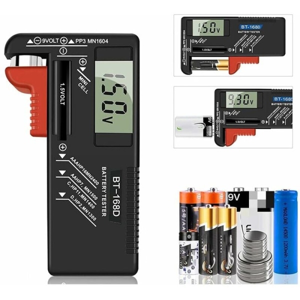 Digital Battery Tester, Universal Battery Tester, Battery Tester, for AA, AAA, C, D, PP3, 9V, 1.5V, Button Cell Batteries - Works without Batteries