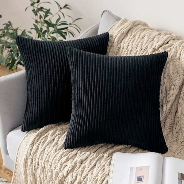 Sett med 2 Dekorative Kvadratiske Putesett Myke Kordfløyels Putetrekk Putetrekk for Sofa Stue Soverom Bil 18 x 18 Tommer 45 x 45 cm Svart