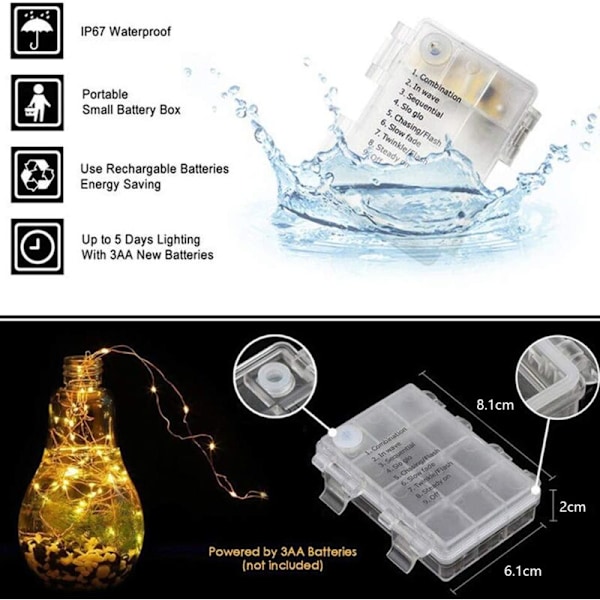 2 Pakkaa 16ft 50 LED Keijuvalot Paristoilla Jouluun, Puutarhaan, Makuuhuoneen Koristeluun (Kaukosäädin) - Lämmin Valkoinen